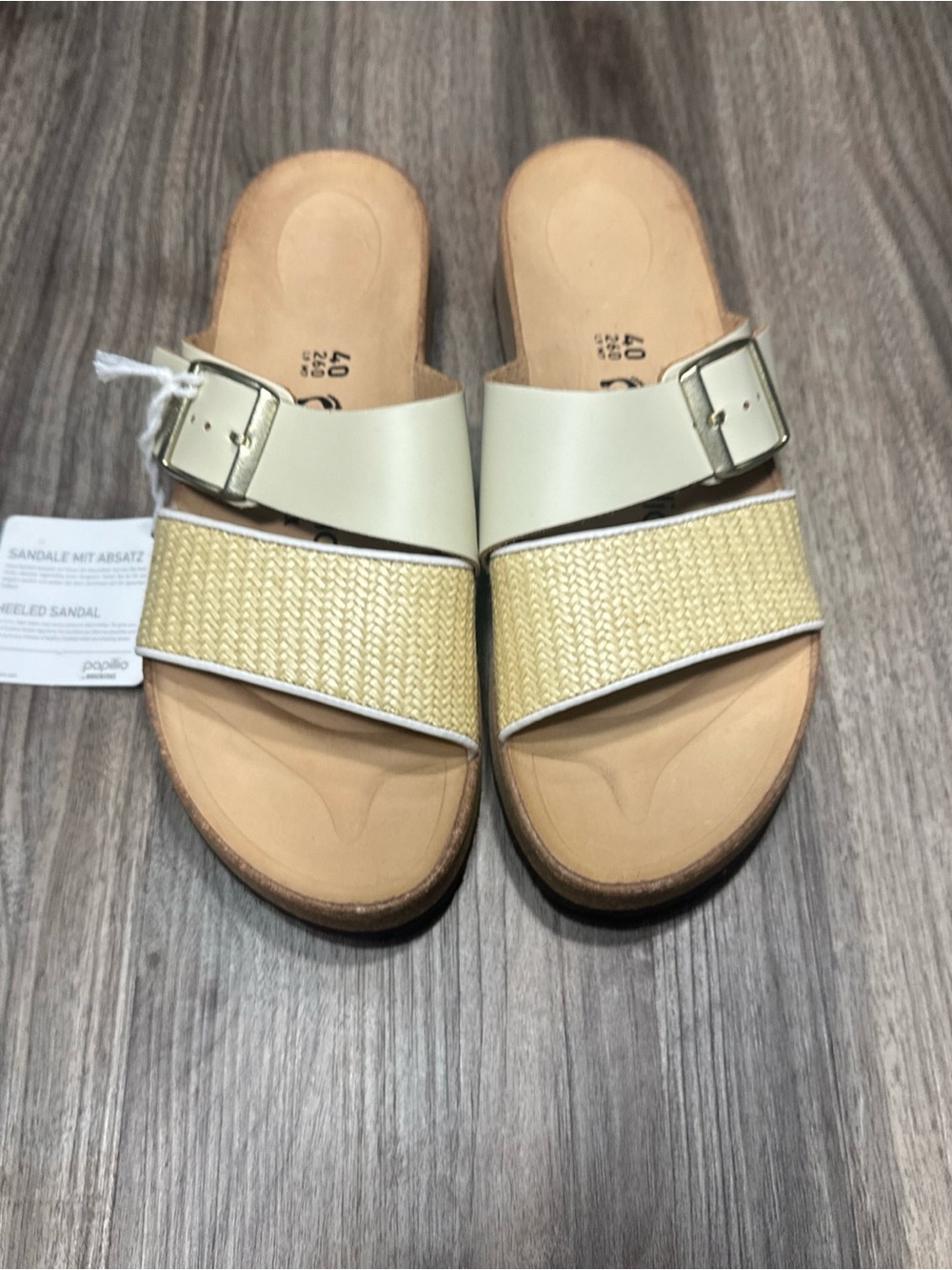 Birkenstock Women’s Two-Band Slide Sandals in Cream and Natural Woven